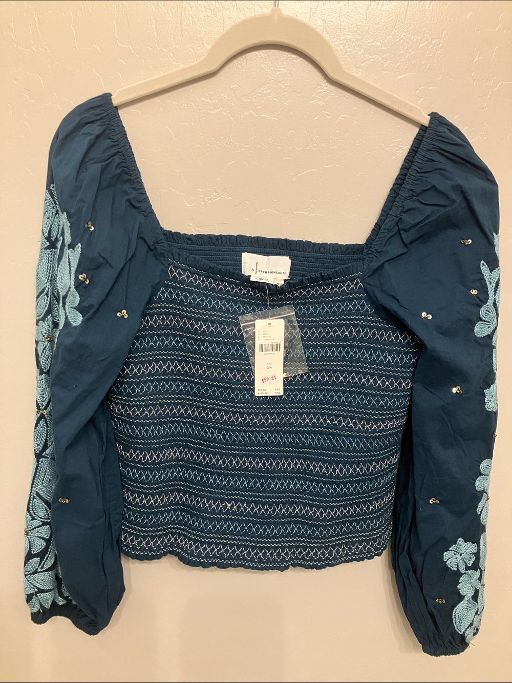 Anthropologie Teal Blue Embroidered Puff-Sleeve Crop Top